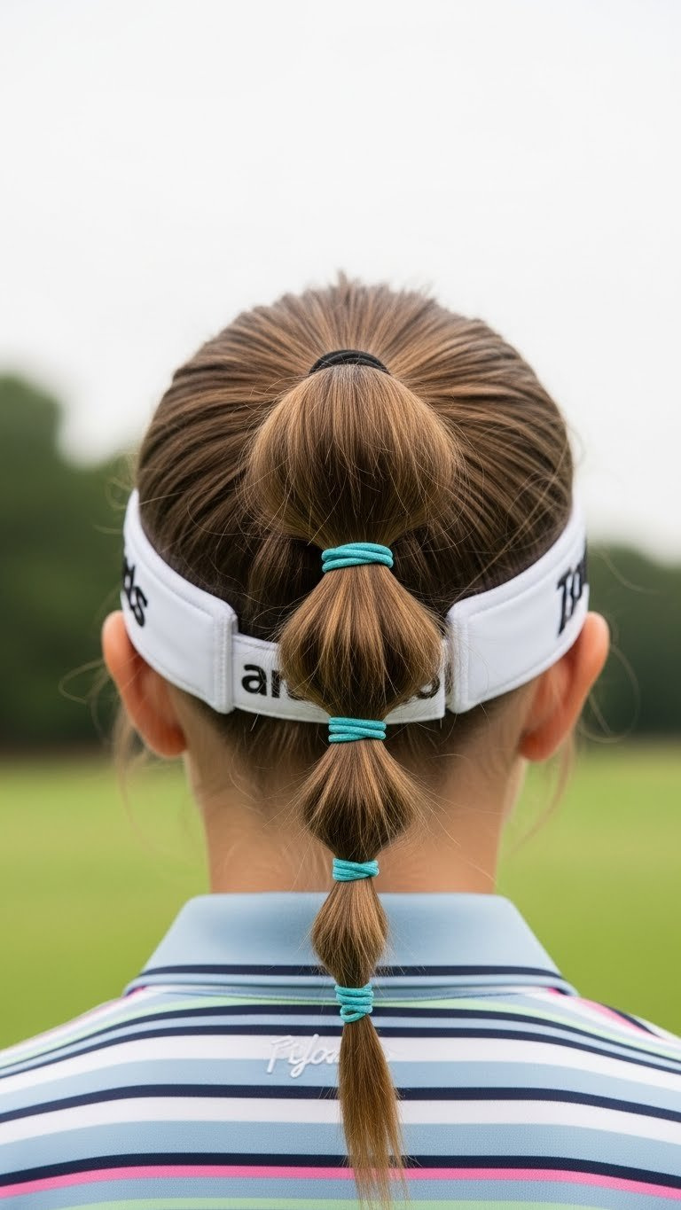 Junior Golfer With Playful Bubble Ponytail Hairstyle For Active Golf Course Performance