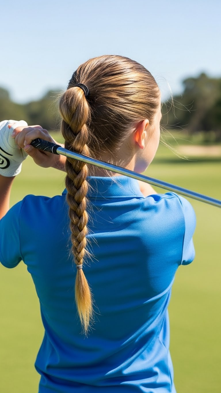 Junior Golfer With Secure Braided Ponytail Swinging Mid-Action On Green Golf Course Fairway With Soft Bokeh Background