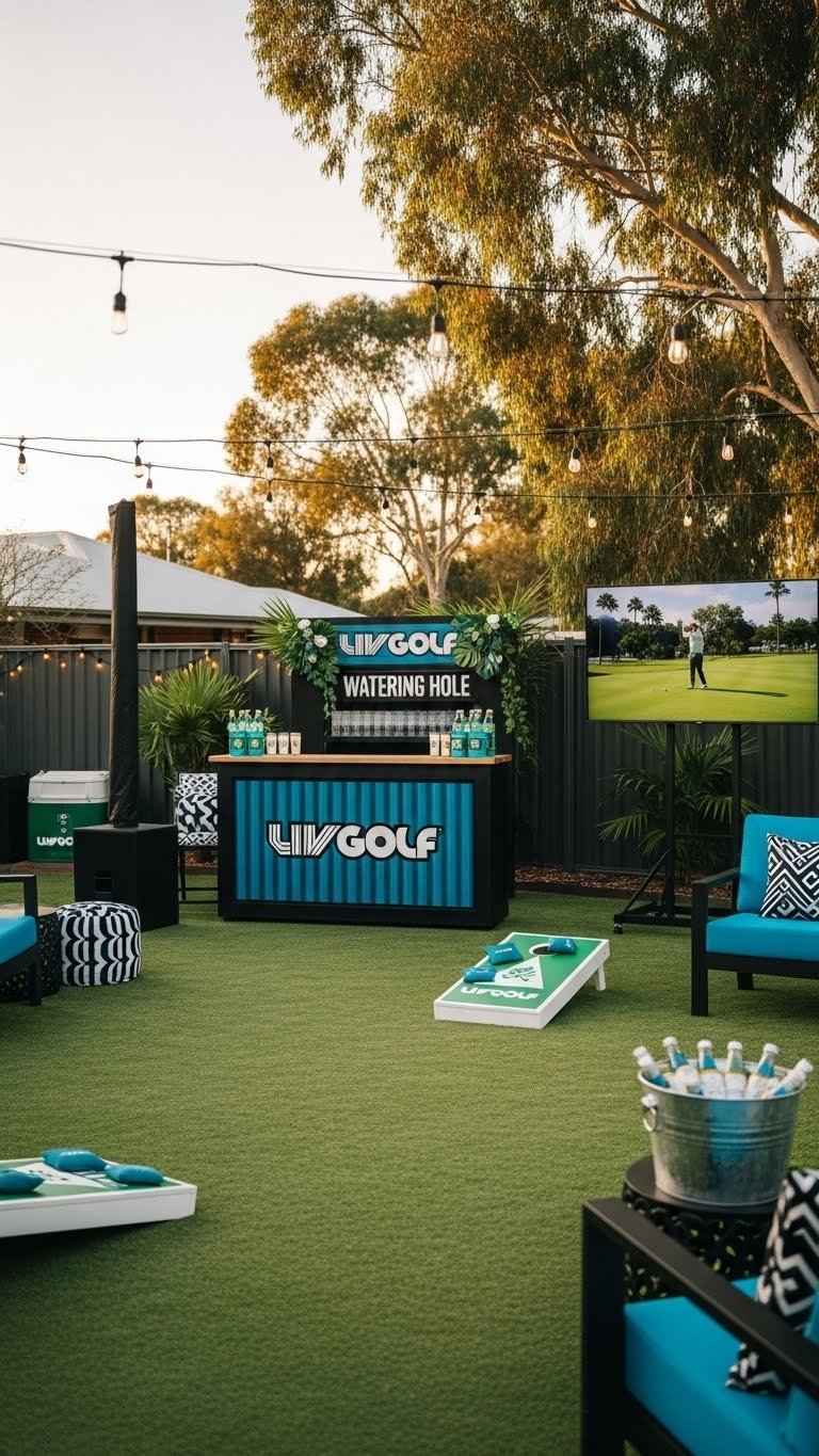 Golf Party Hole In One: 7 Must-Have Celebration Ideas Liv Golf Adelaide Watering Hole Backyard Party Setup With Portable Bar Lawn Games And Festive Lighting