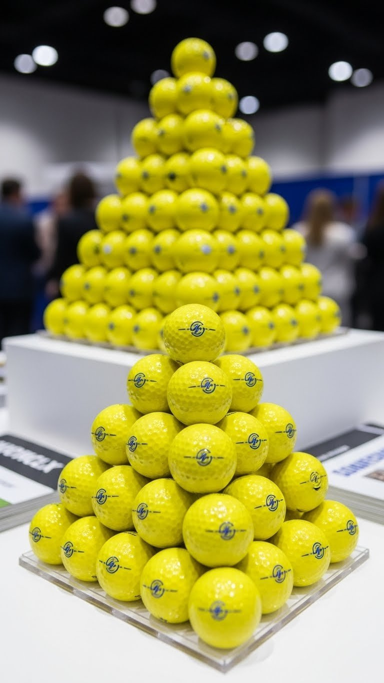 Large Pyramid Stack Of Uniform Yellow Golf Balls With Corporate Logos On White Display Stand
