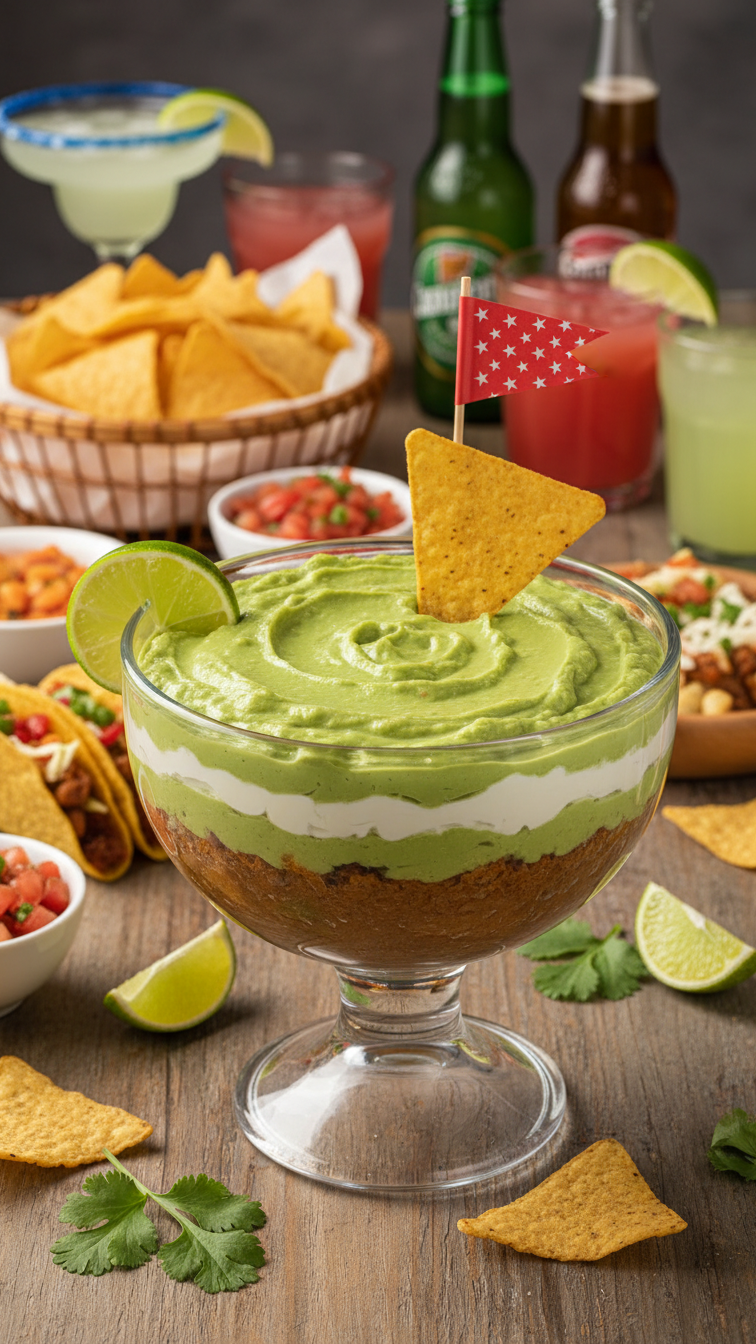 Layered 'Putting Green' Dip In Glass Bowl With Guacamole Top, Refried Beans, And Cracker Flag