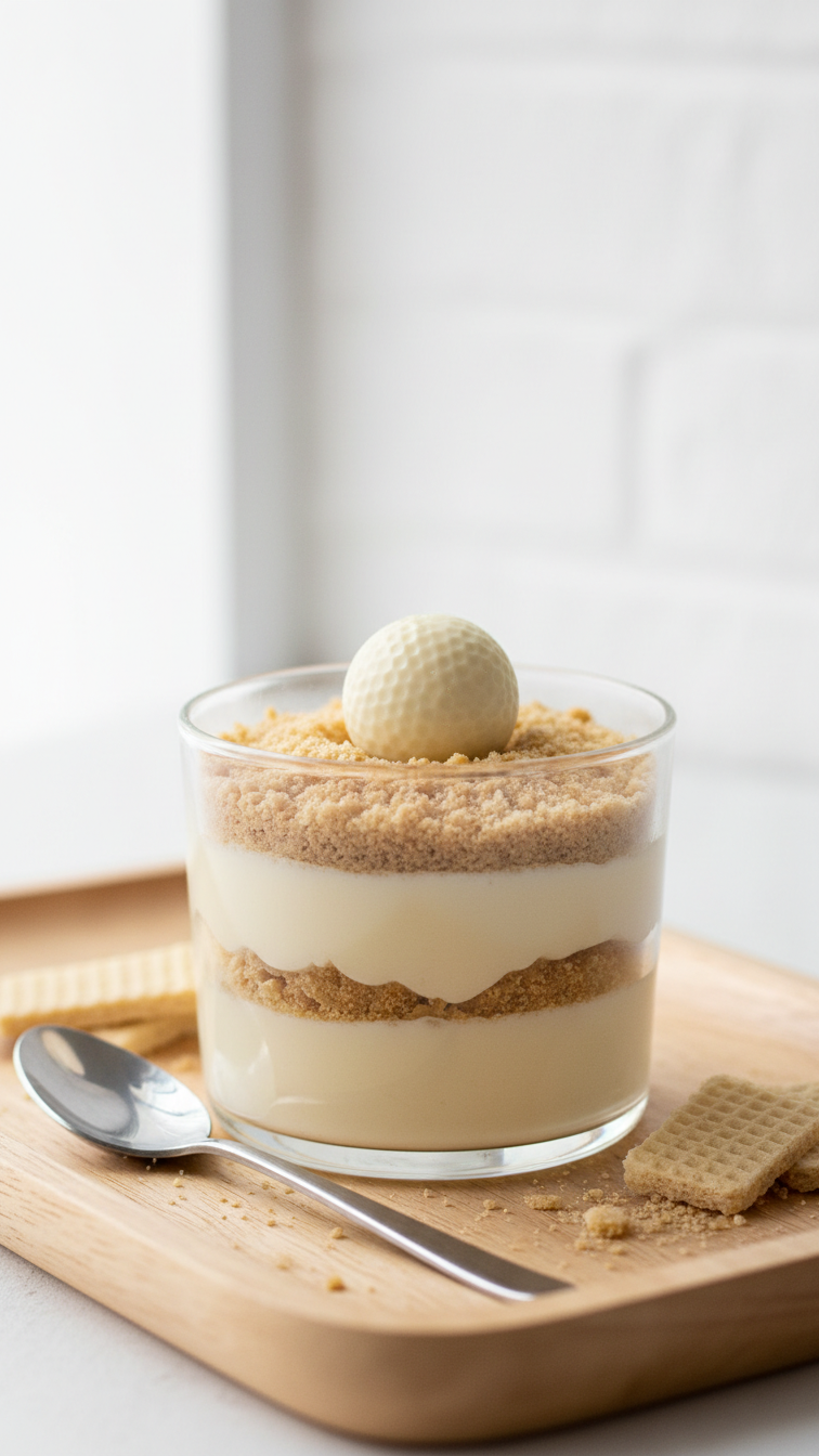 Layered Dessert In Glass Cup With White Pudding And Crushed Wafer Sand Featuring Chocolate Golf Ball Truffle
