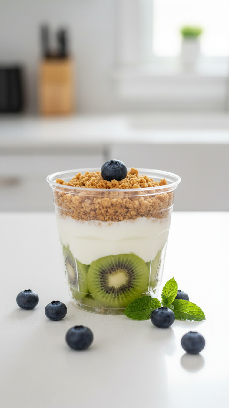 Layered Fruit Parfait With Kiwi, Yogurt, Granola And Blueberry Golf Ball In Clear Cup