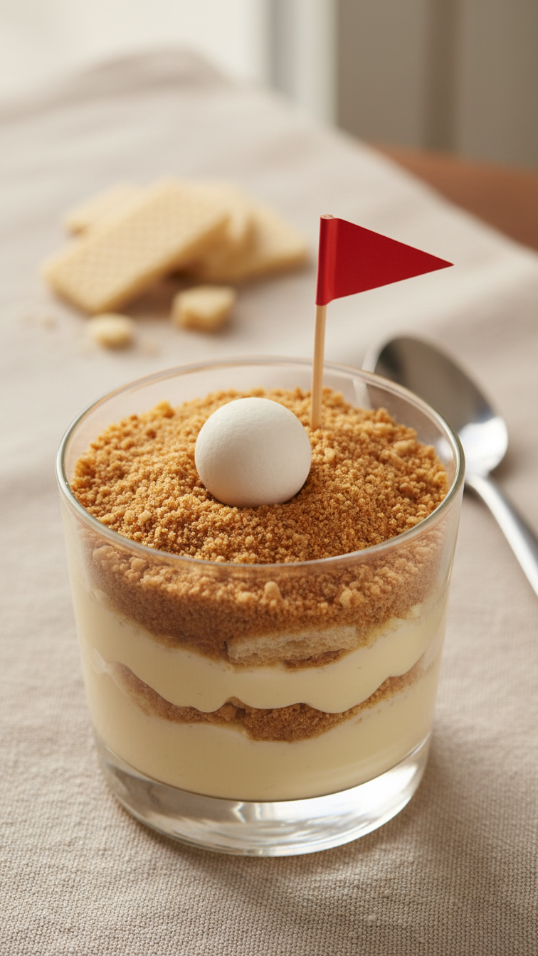 Layered Vanilla Pudding Parfait With Crushed Wafer Sand Trap, Topped With White Gumball Golf Ball And Red Flag.