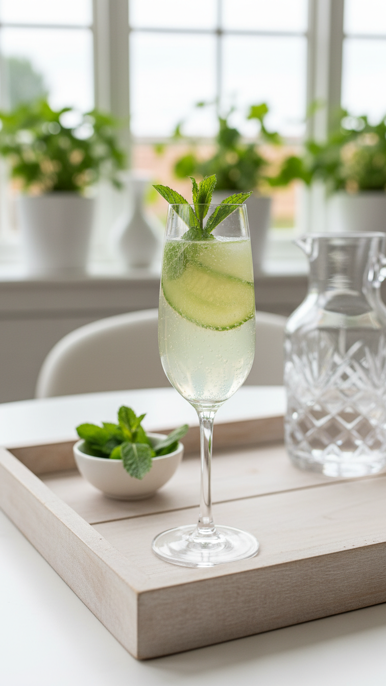 Light Green Non-Alcoholic Fairway Fizz Mocktail In Champagne Flute With Mint Garnish In Bright Sunroom