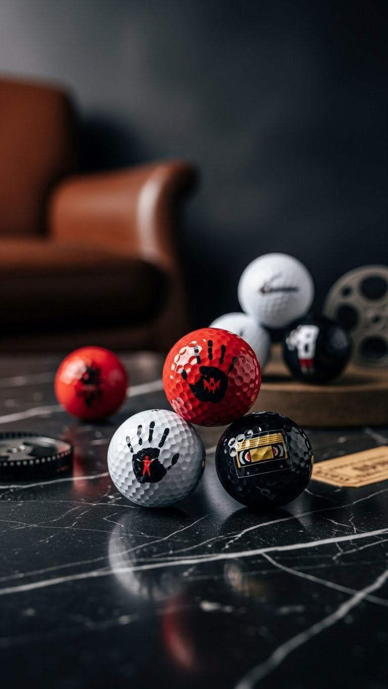 Limited Edition Horror Movie Golf Balls With Handprint And Vhs Designs Displayed On Polished Black Marble Surface With Dramatic Lighting.