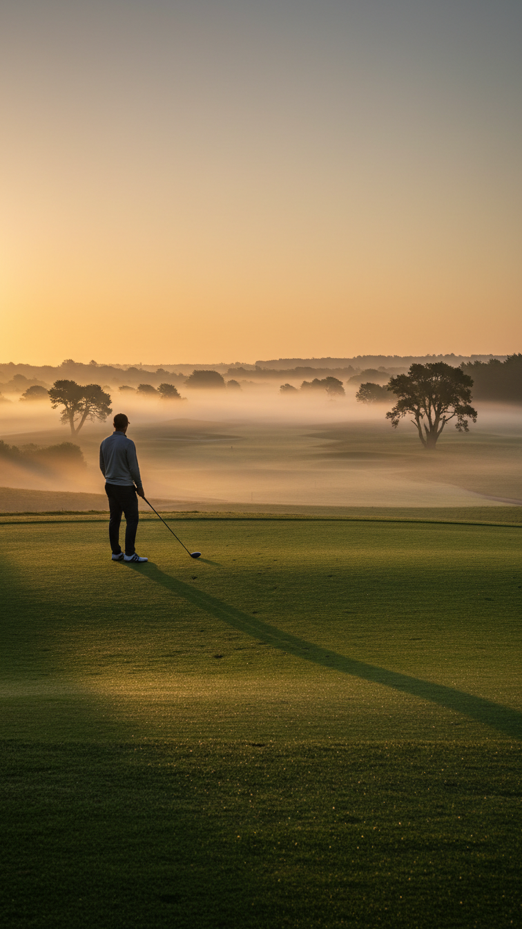 Lone Golfer Standing On Tee Box At Sunrise Overlooking Misty Golf Course Landscape