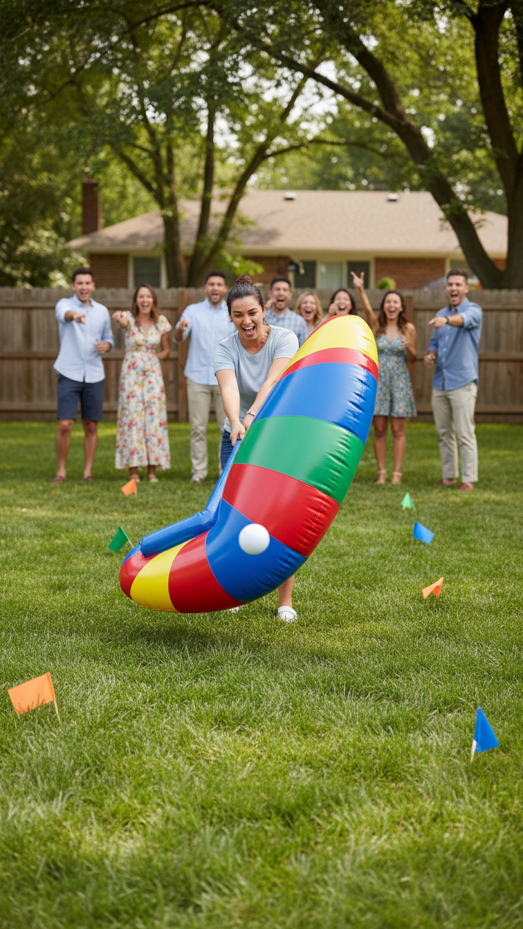 Longest Drive Contest With Oversized Inflatable Golf Driver Hitting Wiffle Ball In Backyard
