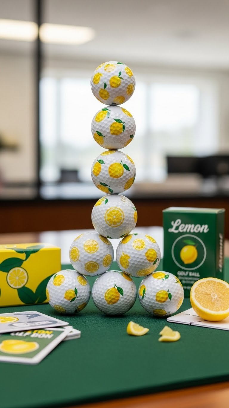 Vibrant Lemon Golf Balls: 7 Genius Decoration Ideas Low-Angle Shot Of Professionally Printed Lemon Golf Balls Stacked On Dark Green Felt With Sharp Detail.