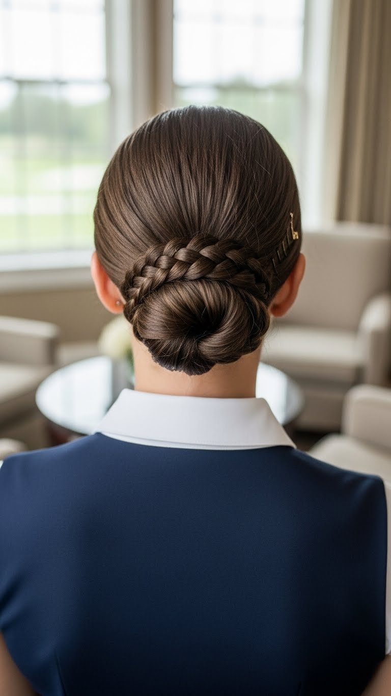 Low Braided Bun Hairstyle Professional And Secure For Formal Golf Events, Styled In Upscale Clubhouse Interior.