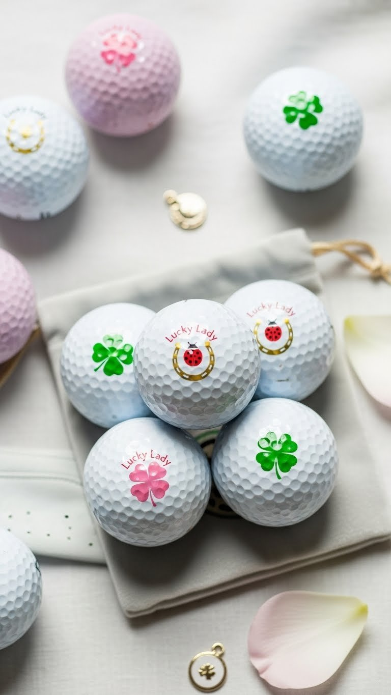 Lucky Lady Golf Balls With Feminine Designs Arranged In Elegant Flat Lay On Velvet Bag With Soft Pastel Background