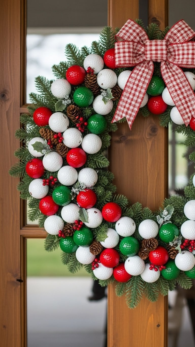 Lush Golf Ball Christmas Wreath With Red, White, And Green Balls Hung On Rustic Wooden Door