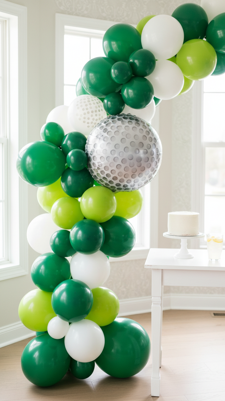 Lush Golf Party Balloon Garland Arch In Fairway Green And White With Large Golf Ball Foil Balloon Over Dessert Table