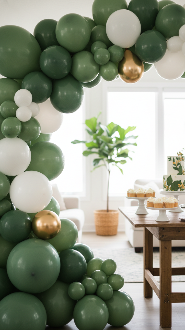 Lush Green And White Balloon Arch Framing Doorway With Gold Accents In Modern Living Room Setting