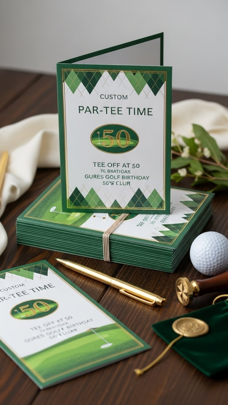 Luxurious Custom Golf Party Invitations With Green Gold Foil Argyle Design Arranged With Golf Tee Prop