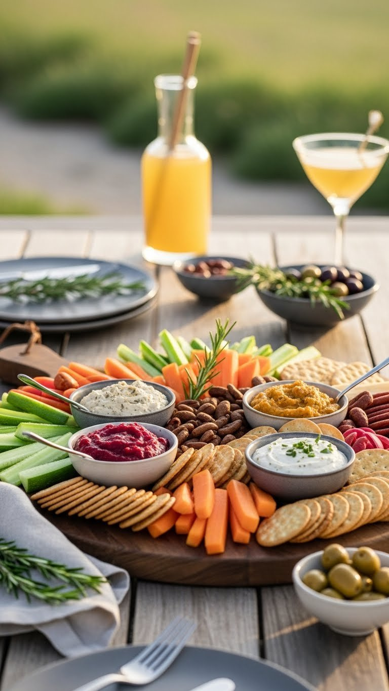 Luxurious Grazing Platter With Garden-Fresh Vegetables And Gourmet Dips Artfully Arranged On Rustic Cutting Board