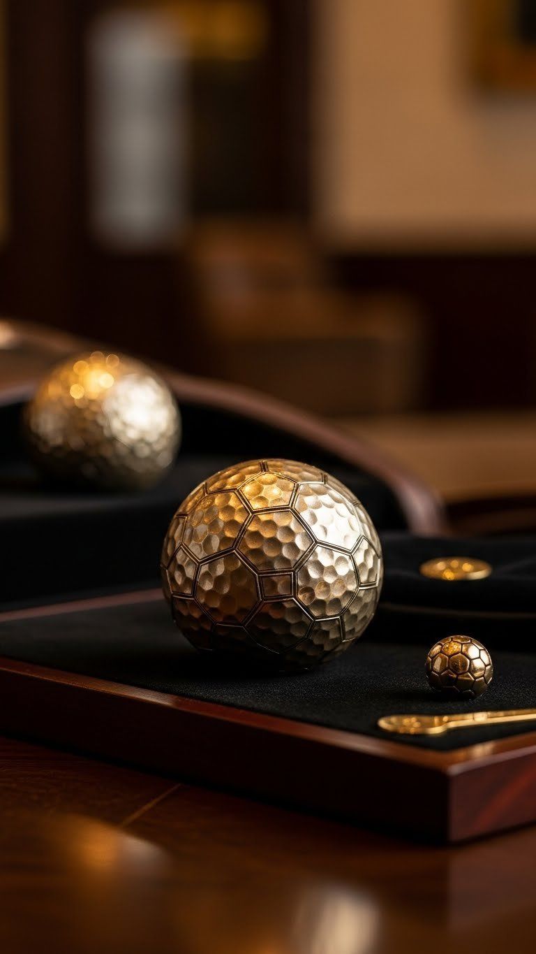 Luxury Metallic Gold Soccer Pattern Golf Ball On Polished Wood Display Stand
