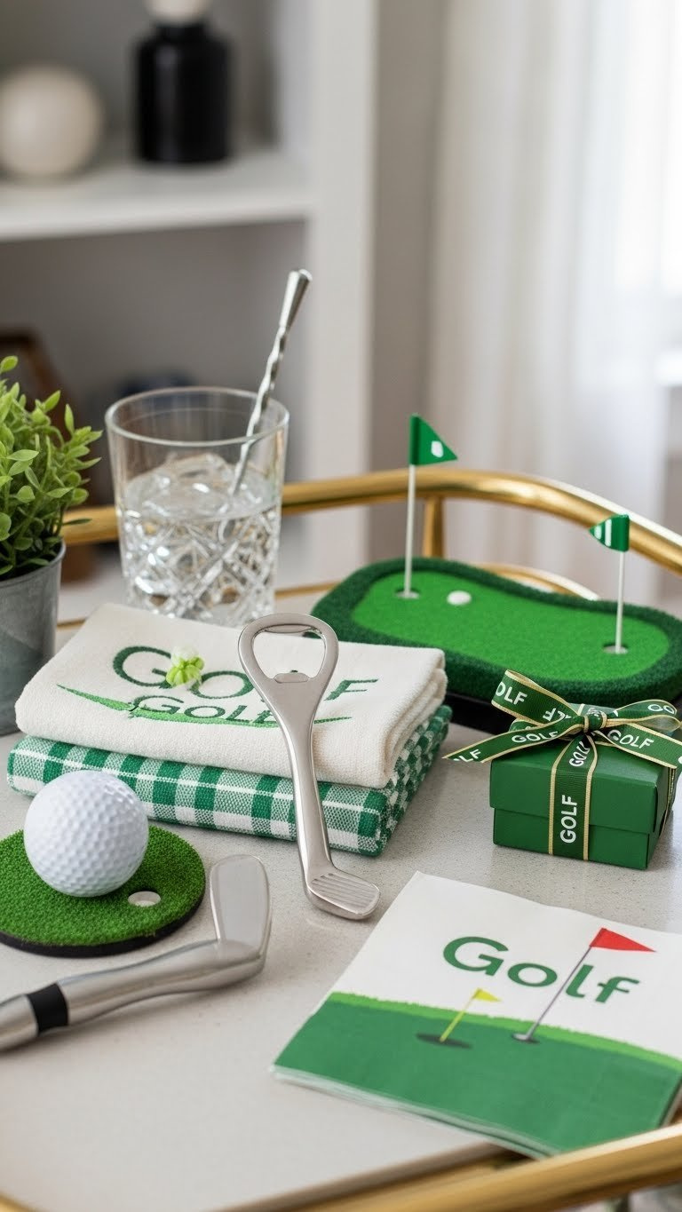 Macro Close-Up Of Golf Bar Cart Accessories Including Ball Coasters, Club Bottle Opener, And Putting Green On Light Surface