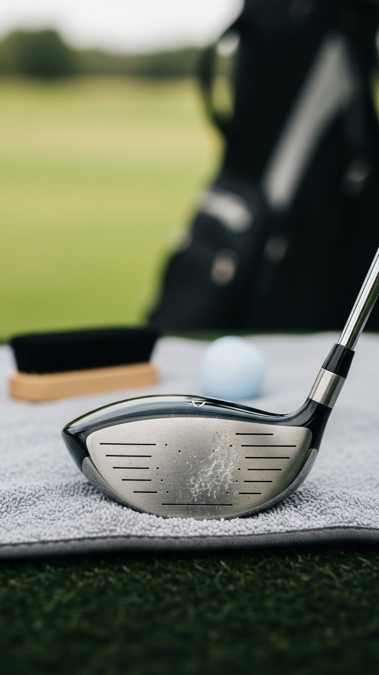 Macro Detail Shot Of Clean Golf Driver Clubface After Hitting Gender Reveal Ball With Soft Bokeh Golf Course Background.