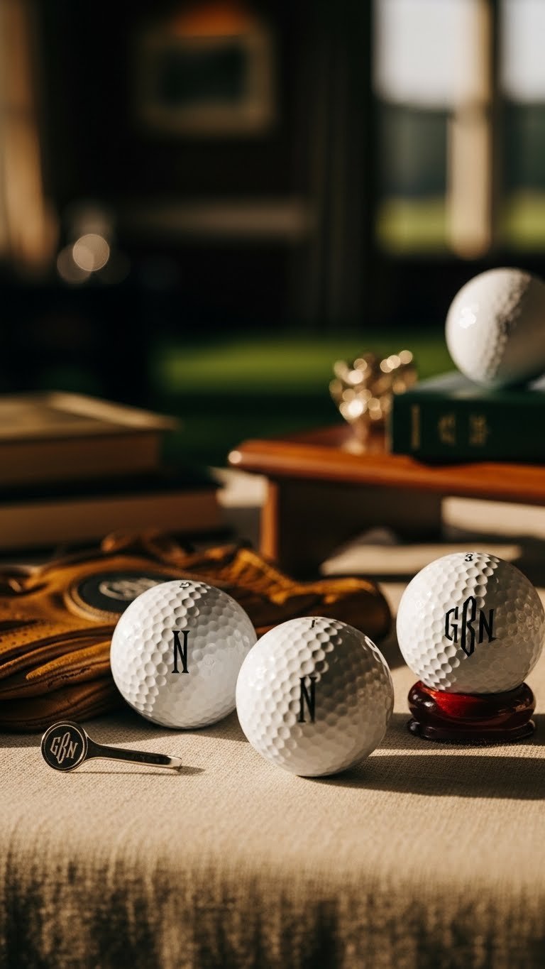 Decorated Golf Balls For Husband: Lasting &Amp; Unique Gifts Macro Detail Shot Of Elegant Monogrammed Golf Balls On Soft Linen Tablecloth With Warm Golden Hour Lighting