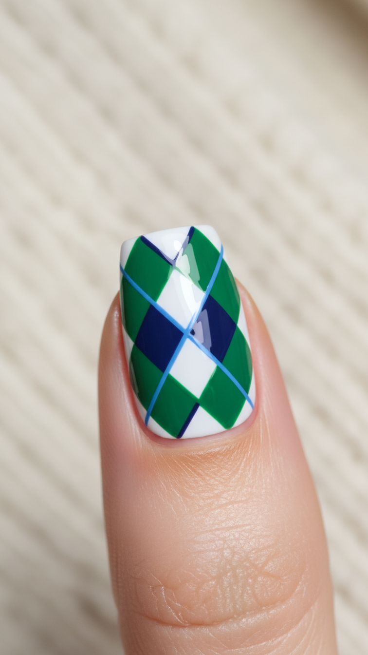 Macro Detail Shot Of Single Nail With Classic Green And Navy Blue Argyle Pattern On White Base Against Cashmere Sweater Texture