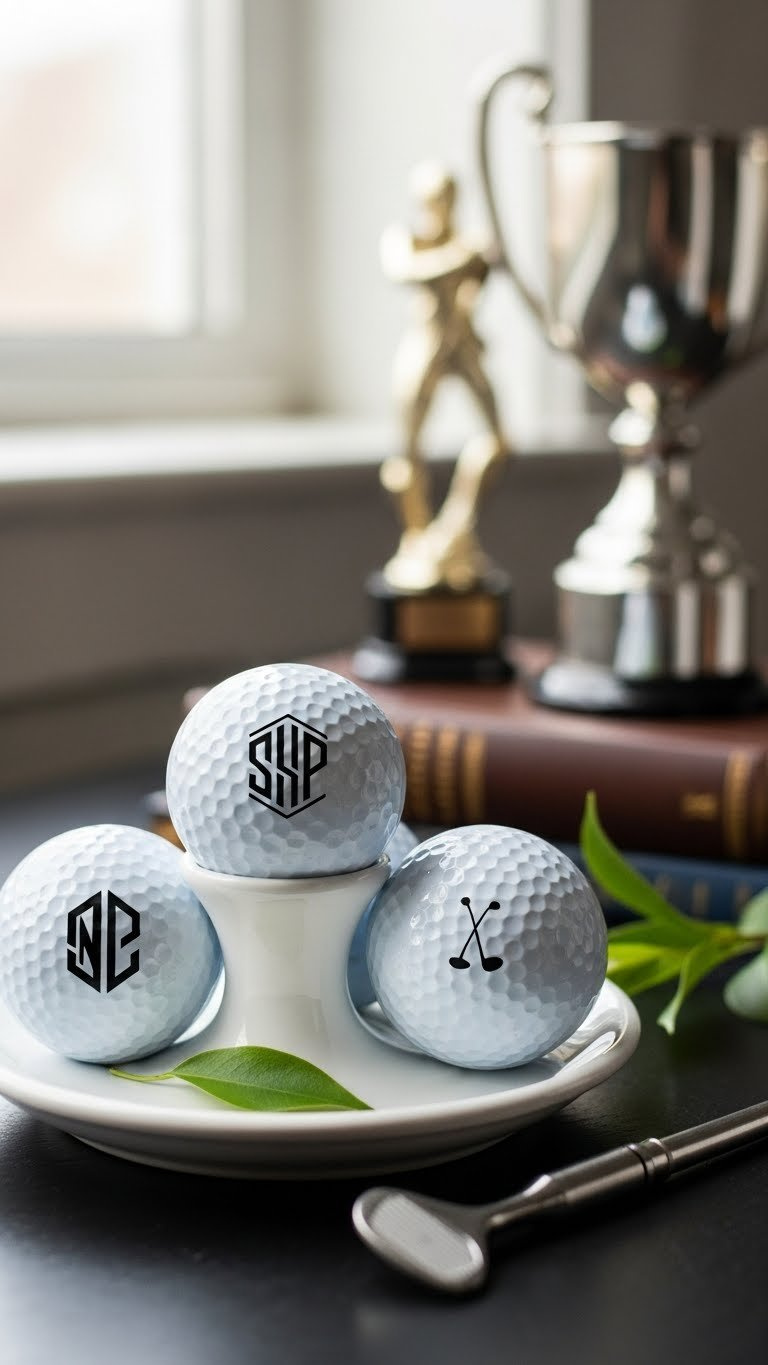 Macro Detail Shot Of Three Stenciled Logo Golf Balls In Polished White Ceramic Holder With Sophisticated Background Elements.