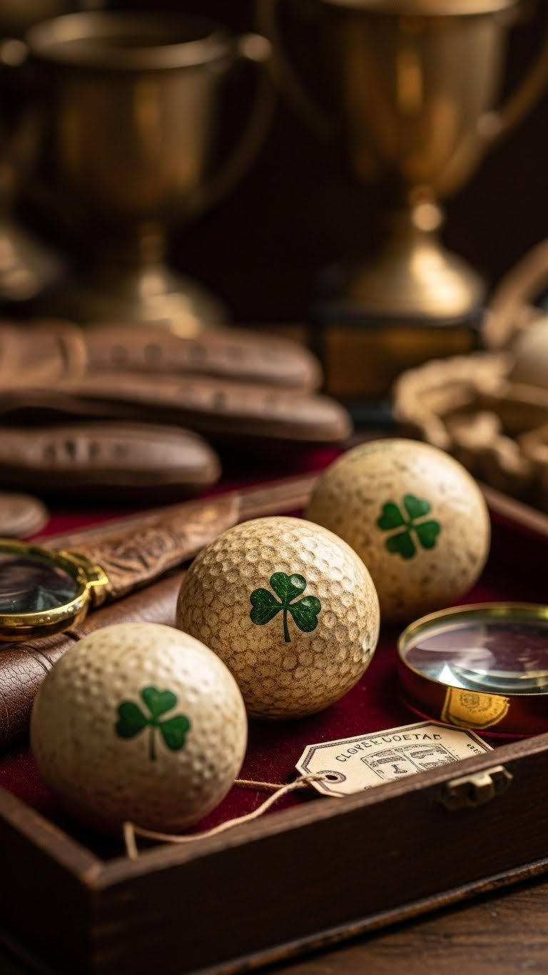 Macro Detail Shot Of Vintage Clover Golf Balls In Antique Wooden Display Box With Magnifying Glass