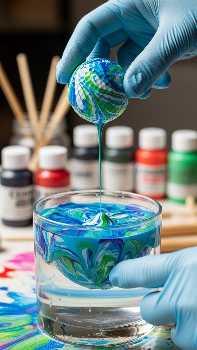 Macro Shot Of Golf Ball Emerging From Water Bath With Vibrant Hydro-Dipped Swirl Pattern During Dipping Process.