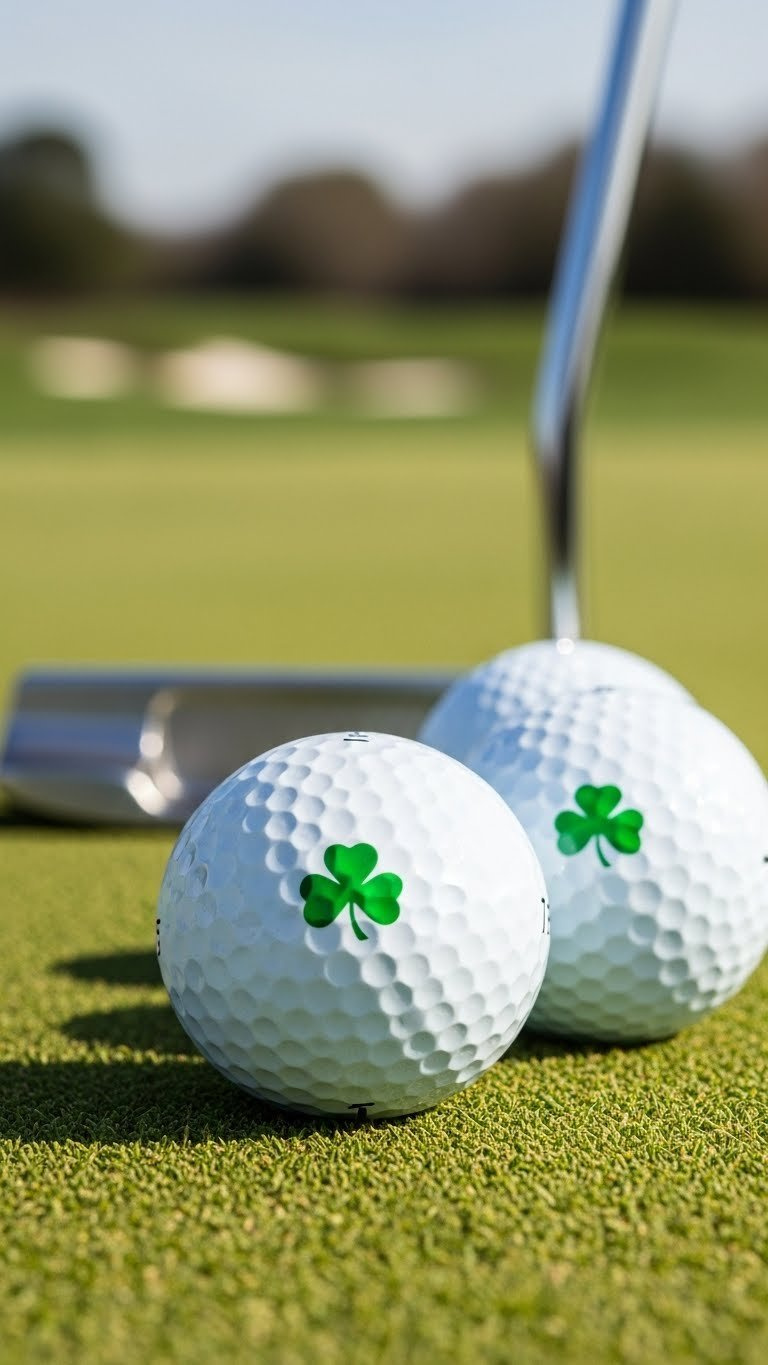 Macro Shot Of High-Performance Shamrock Golf Balls On Putting Green With Chrome Putter Head In Blurred Background