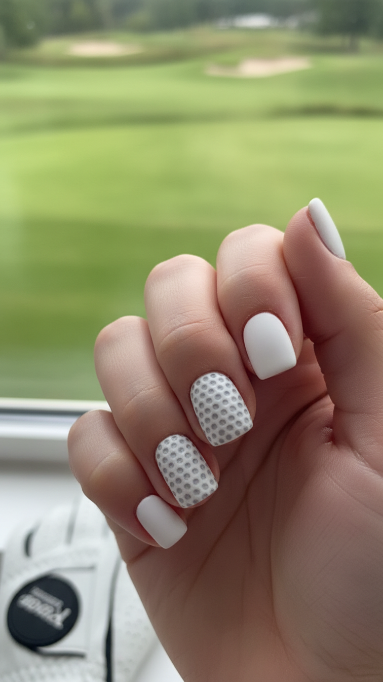 Macro Shot Of Manicured Hand With Golf Ball Textured Nail Featuring Matte White Base And Gray Dimples Against Blurred Green Golf Course Background