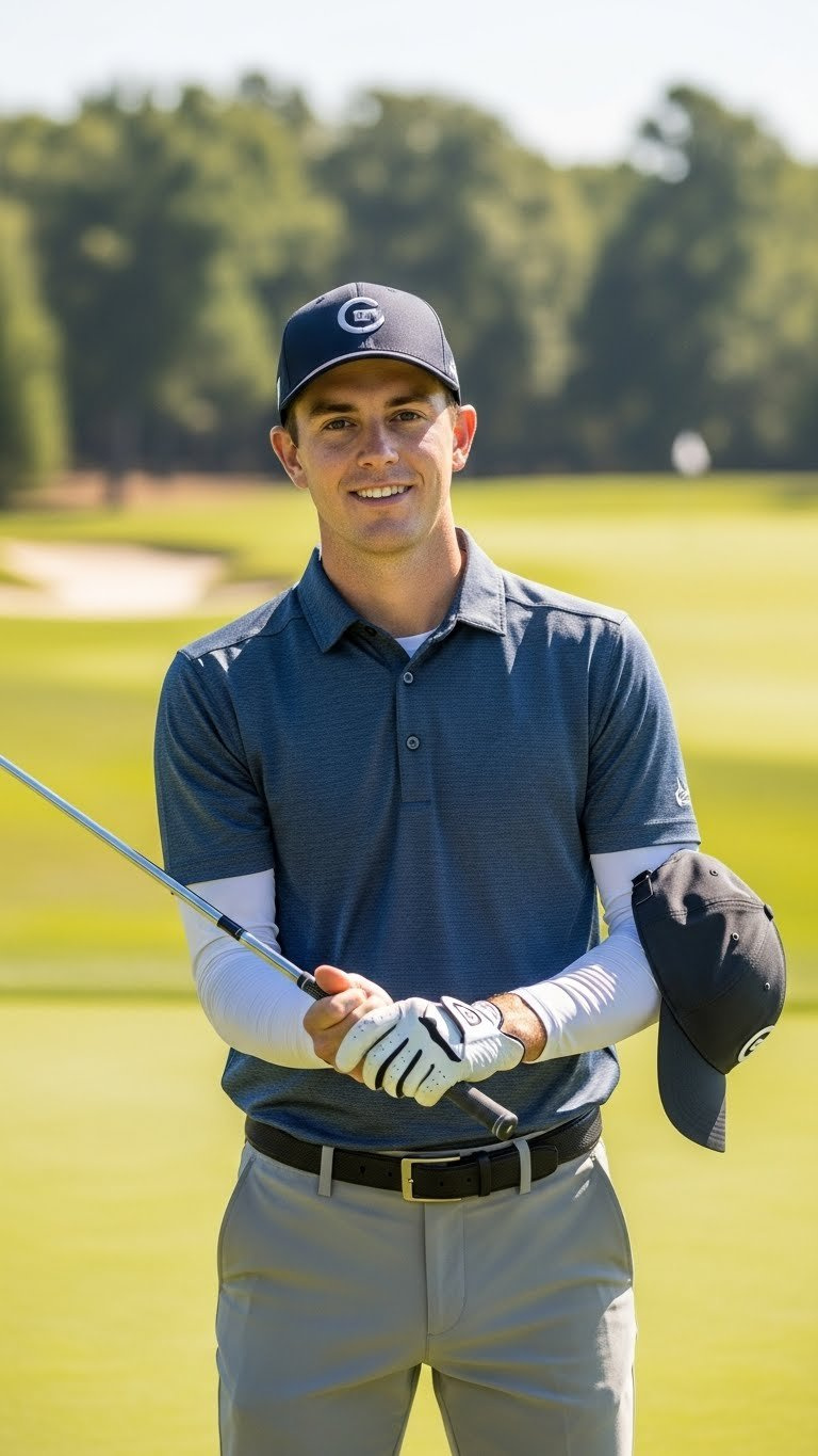 Male Golfer With Classic Side Part Haircut Wearing Traditional Golf Cap On Lush Green Fairway With Soft Bokeh Background