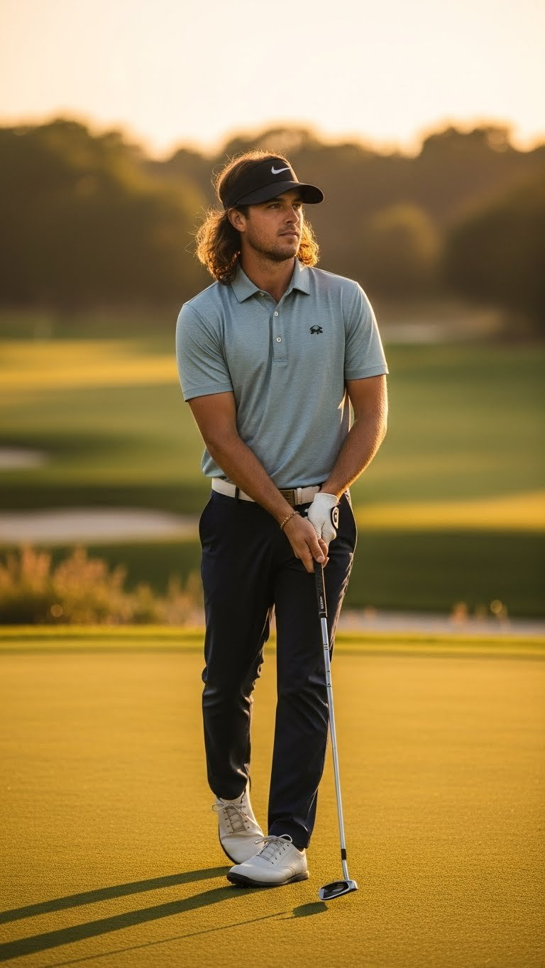 Male Golfer With Long Flow Hair Wearing Minimalist Golf Visor Striding Confidently On Sun-Drenched Fairway