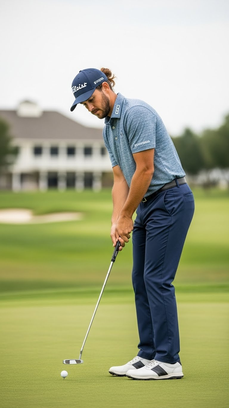 Male Golfer With Man Bun Hairstyle Preparing For Putt Wearing Adjustable Golf Cap On Green