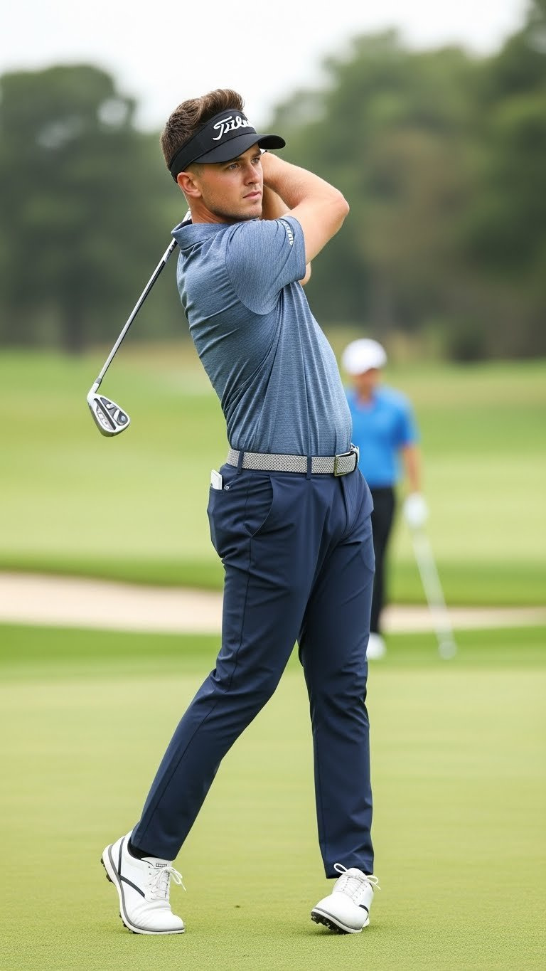Male Golfer With Modern Taper Fade Haircut In Mid-Swing Pose Wearing Golf Visor On Putting Green