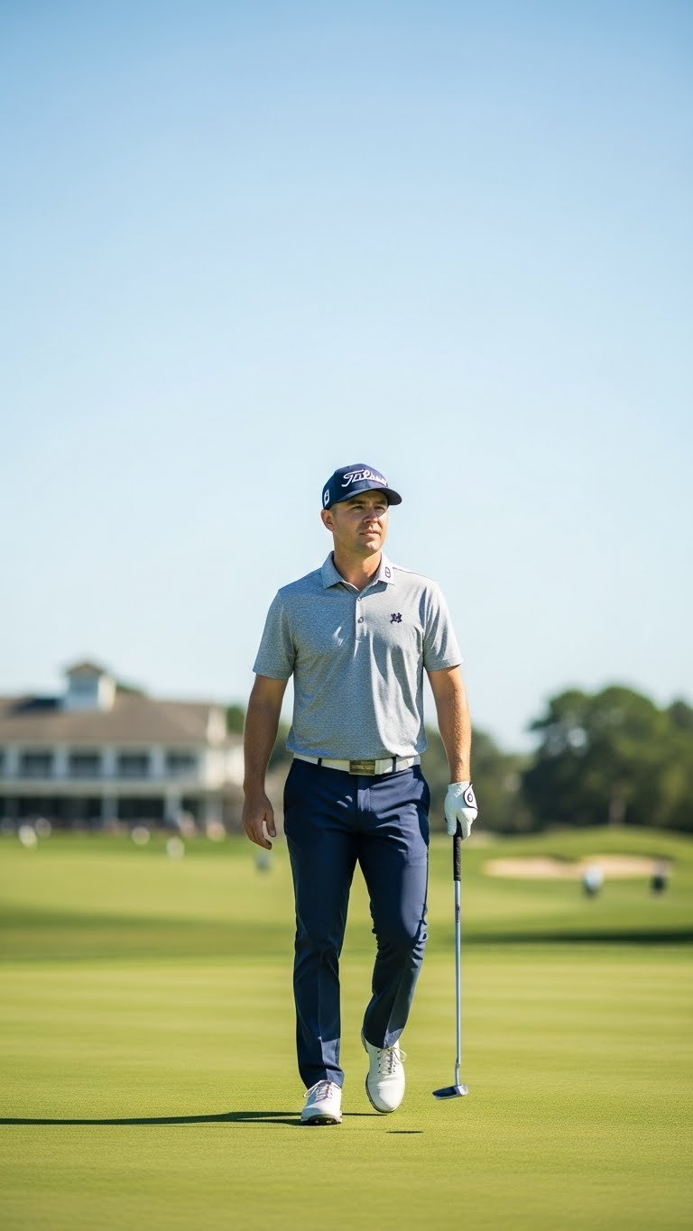 Male Golfer With Short Buzz Cut Walking Confidently On Manicured Putting Green Under Clear Blue Sky