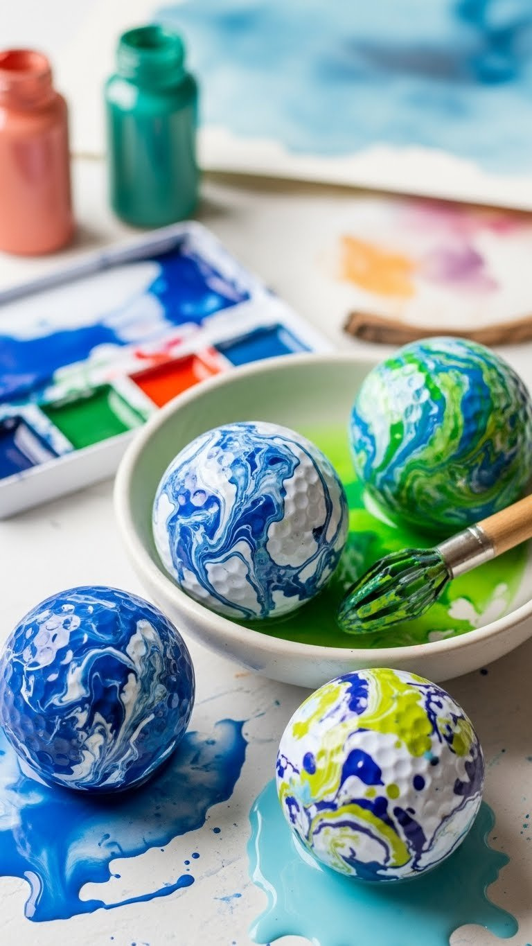 Marbled Painted Golf Balls With Abstract Fluid Patterns In Blue And White On White Ceramic Dish.