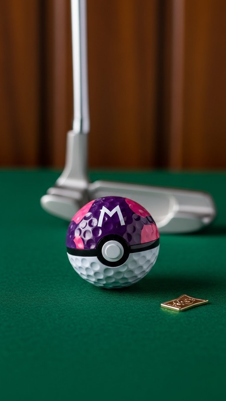 Master Ball Golf Ball Featuring Purple And Pink Design On Dark Green Felt With Sophisticated Putting Green Background