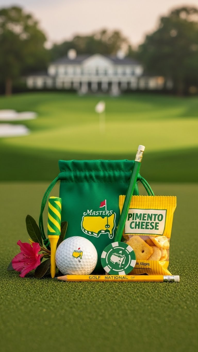 Masters-Themed Golf Gift Bag With Green And Yellow Accessories Including Logo Golf Ball, Striped Tees, And Poker Chip Ball Marker