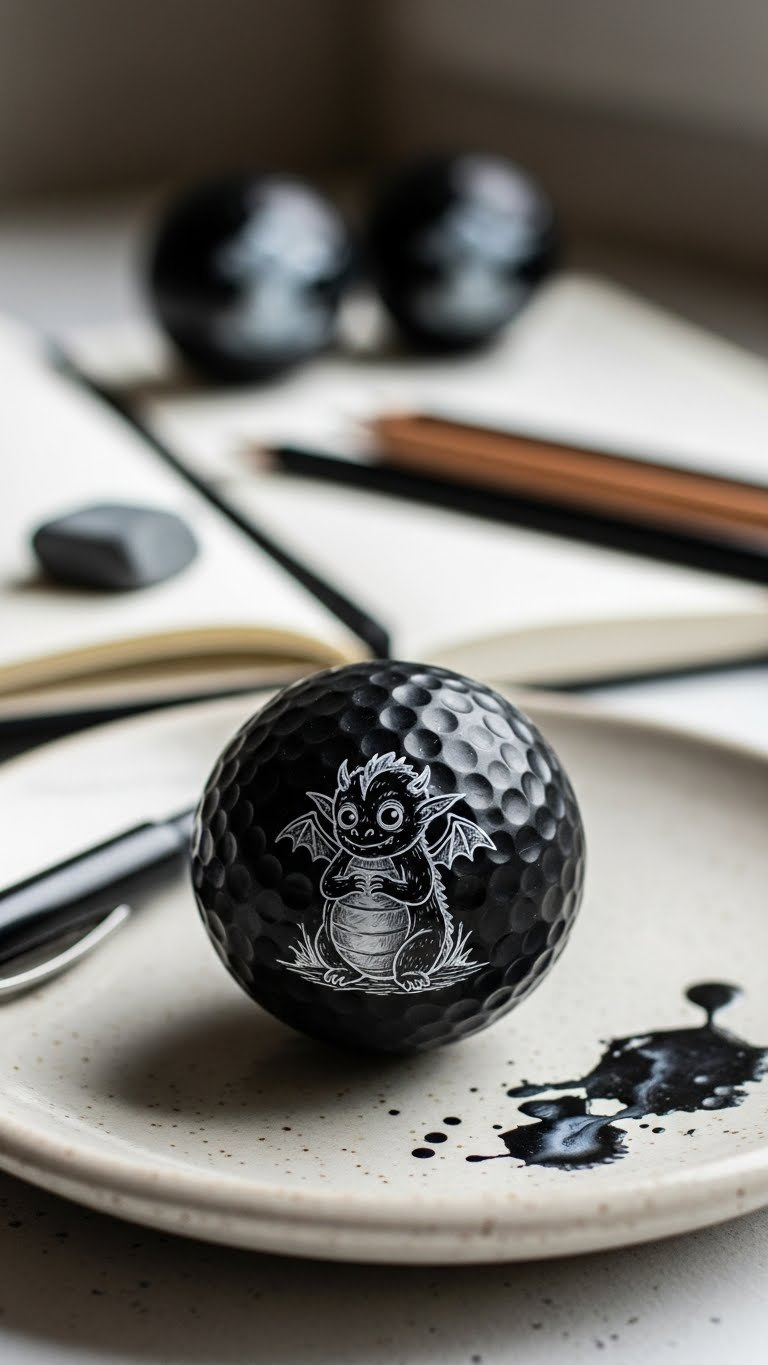 Matte Black Golf Ball With Whimsical Creature Illustration On Ceramic Plate With Drawing Pens