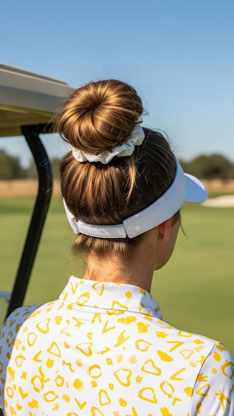 Messy Bun Hairstyle On Woman In Golf Cart With Scrunchie And Sun Visor Accessories