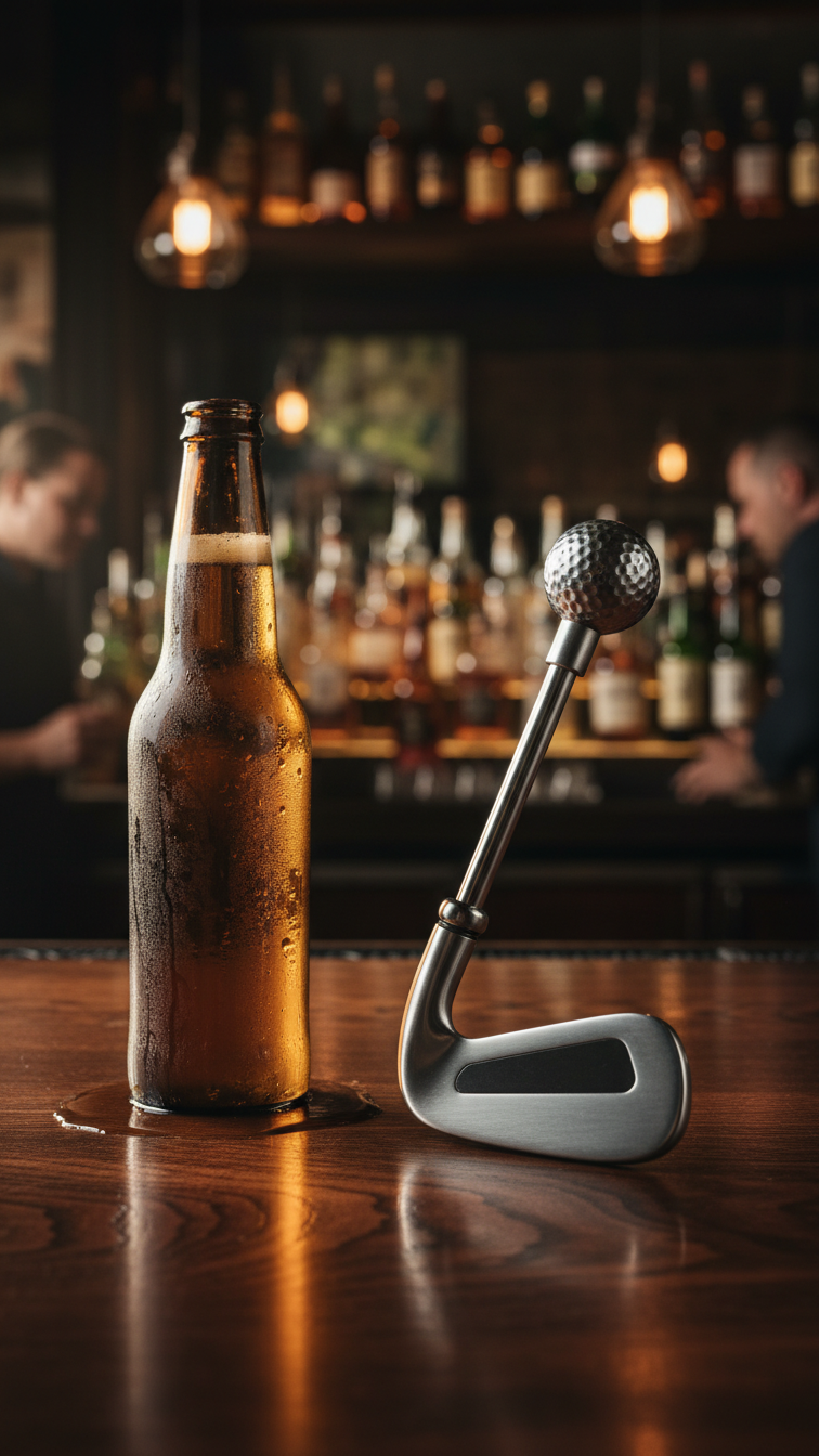 Metal Golf Club Iron-Shaped Bottle Opener Resting On Dark Wood Bar Top Next To Beer