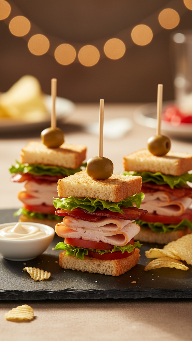 Mini Club Sandwich Skewers With Turkey, Bacon, Lettuce And Tomato Arranged On Slate Platter