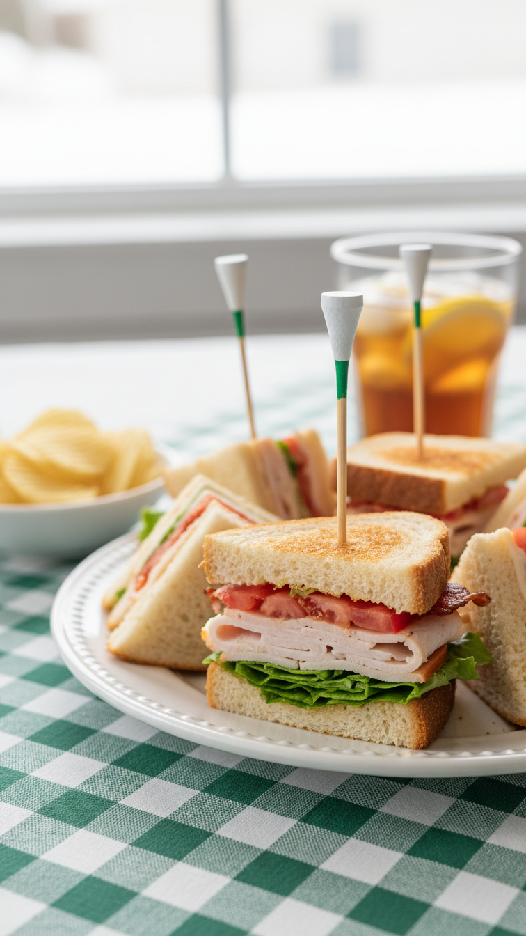 Mini Club Sandwiches On Golf Tee Cocktail Picks With Turkey, Bacon, Lettuce And Tomato Layers, Served On White Platter.