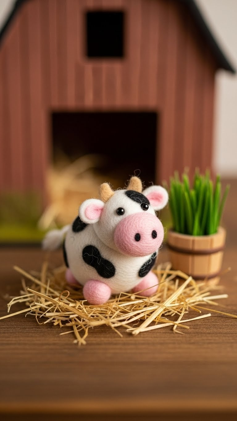 Miniature Golf Ball Cow With Black Patches And Pink Snout Resting On Hay In Rustic Barnyard Setting