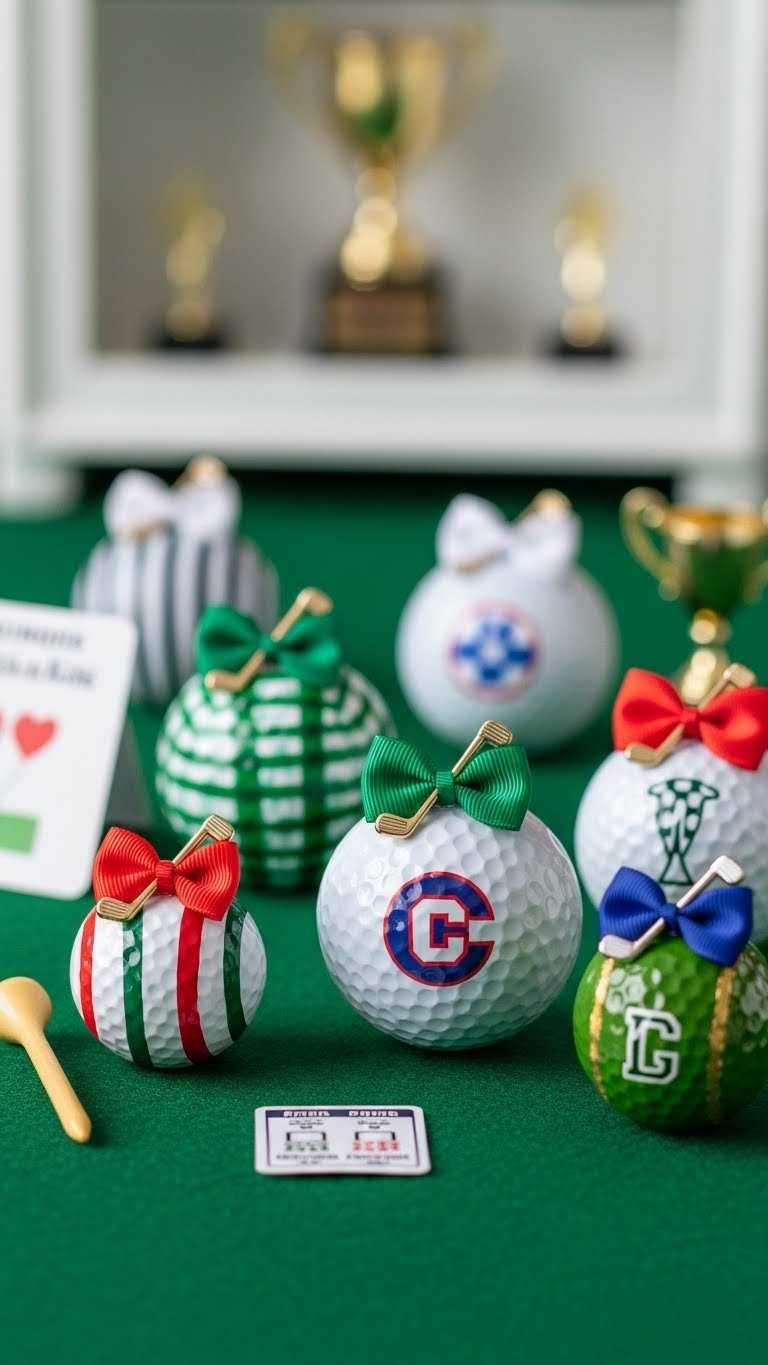 Miniature Golf Club Bows On Themed Golf Balls Arranged On Green Felt Putting Surface