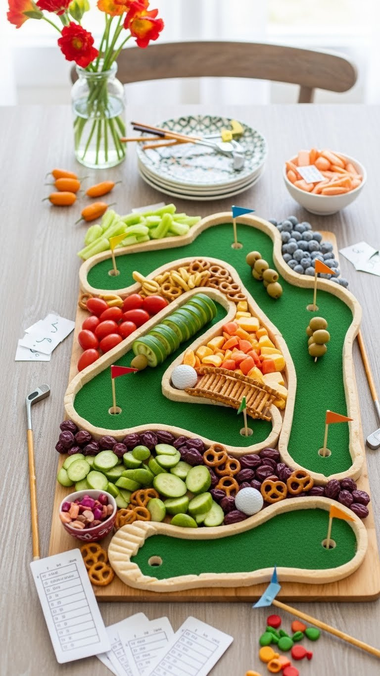 Miniature Golf Course Veggie Tray With Segmented Sections, Edible Obstacles And Golf Ball-Shaped Snacks On Wooden Table