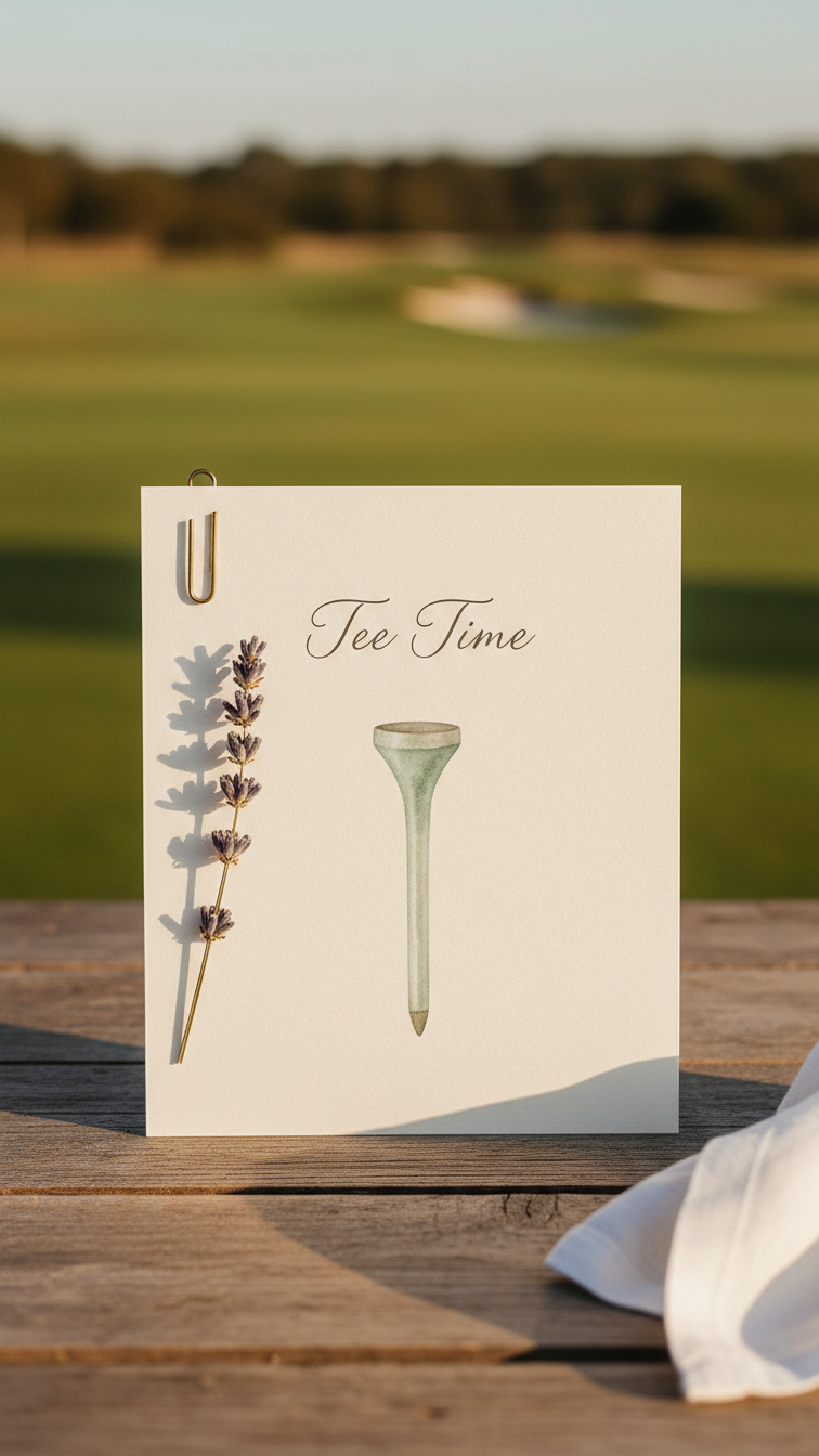 Minimalist Tee Time Party Invitation With Watercolor Golf Tee On Textured Cream Paper On Rustic Wooden Table
