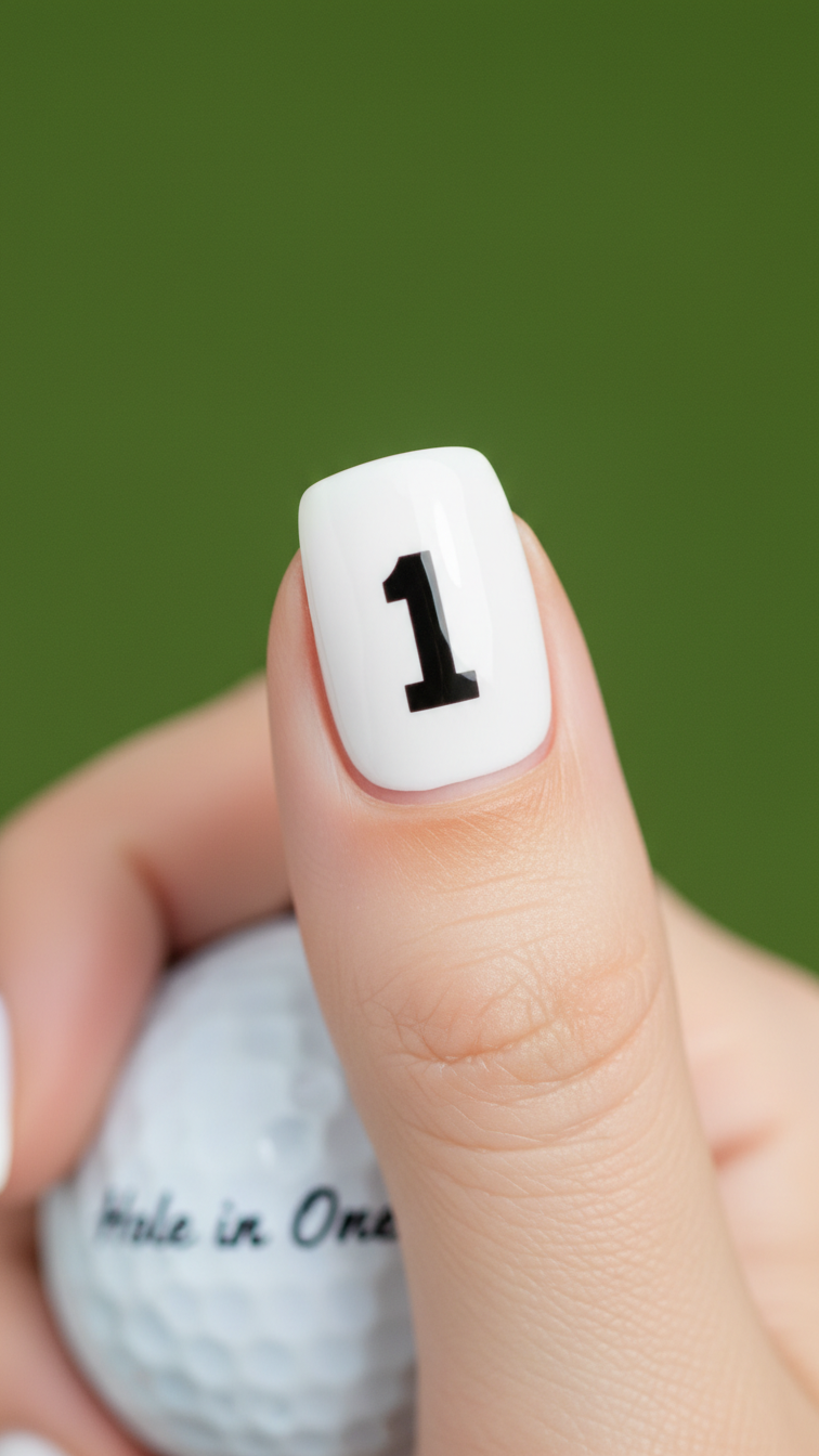 Minimalist Macro Shot Of Hole-In-One Themed Nail With Bold Black Numeral 1 On Crisp White Base Against Vibrant Green Background