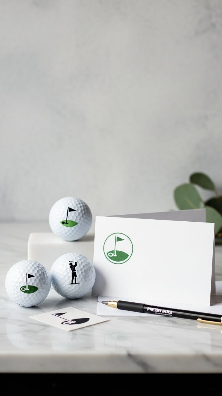 Minimalist Stencil-Embellished Golf Balls With Golf Designs Arranged On Marble Surface With Clean Tools And Elegant Card