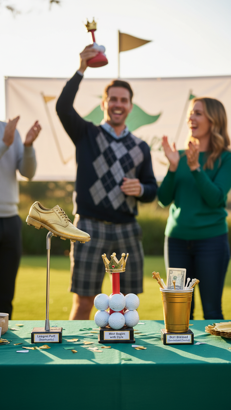 Mock Golf Awards Ceremony With Diy Trophies On Green Tablecloth And Person Receiving Best Dressed Award.